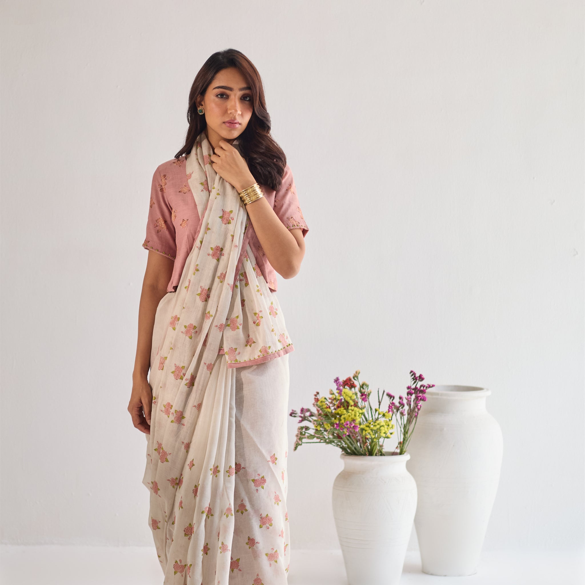 Tapsee taupe peach hand block printed chanderi saree