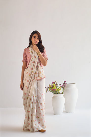 Tapsee taupe peach hand block printed chanderi saree