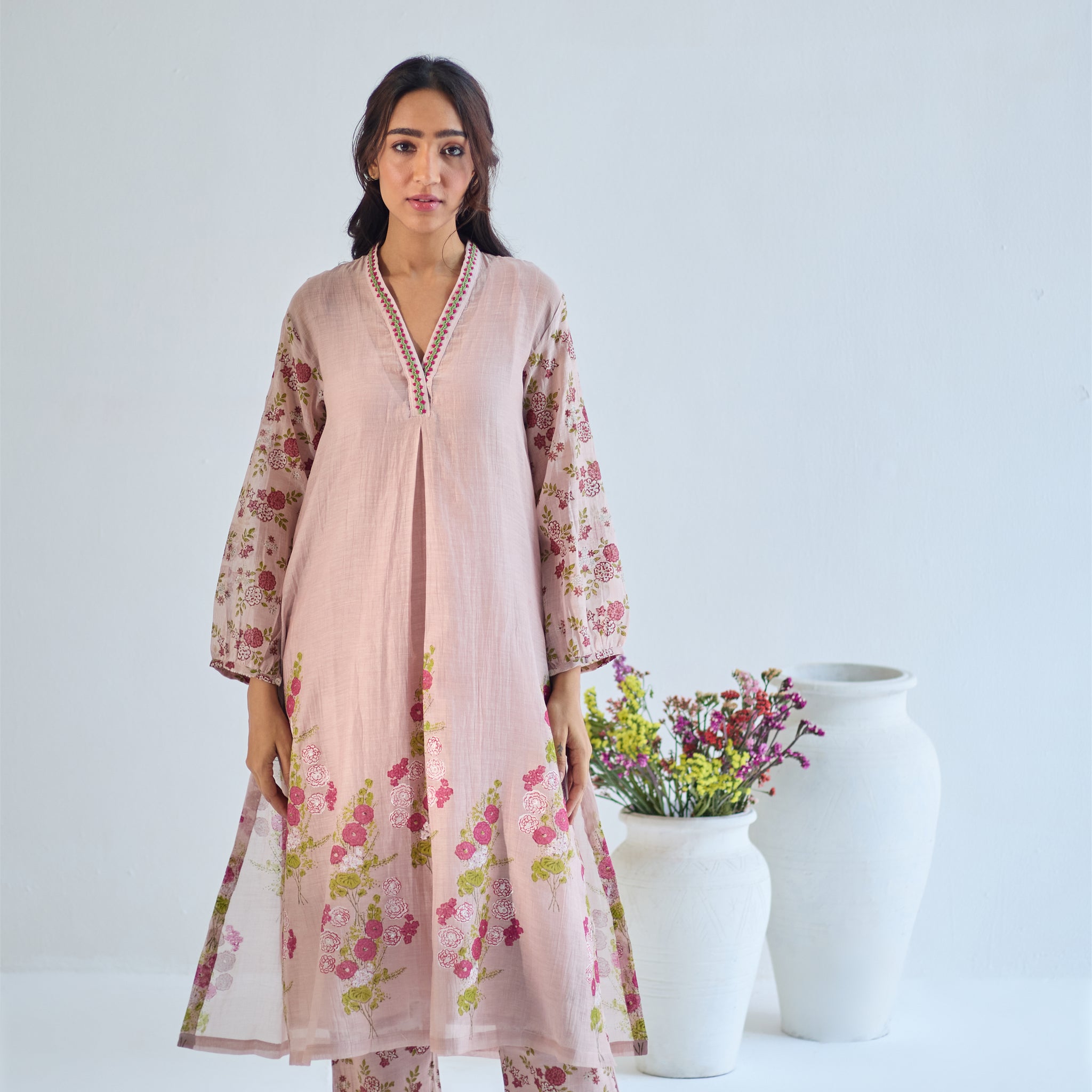 Gulaab rose pink hand block printed aline chanderi kurta set (set of 2)