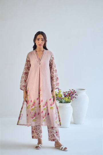 Gulaab rose pink hand block printed aline chanderi kurta set (set of 2)