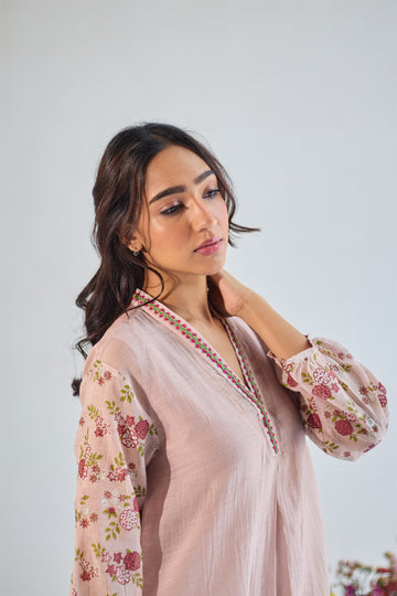 Gulaab rose pink hand block printed aline chanderi kurta set (set of 2)