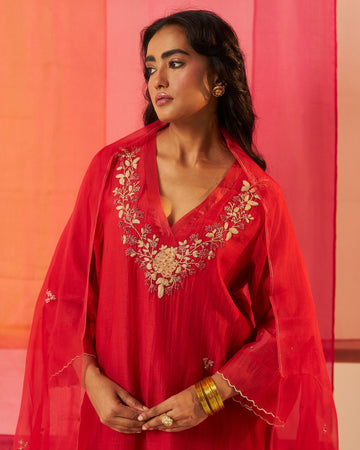 Phoolkari red dori hand embroidered chanderi kurta set