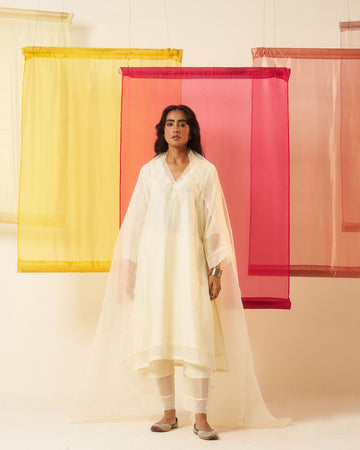 Phoolkari milky white dori hand embroidered chanderi kurta set