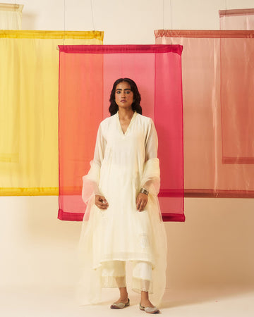 Mehraab milky white dori sequins & beads hand embroidered kurta set
