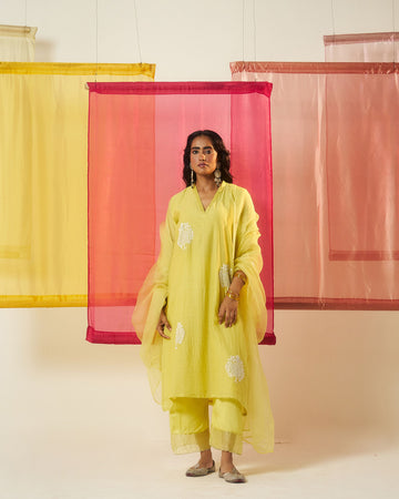 Mehraab lemon yellow dori sequins & beads hand embroidered kurta set