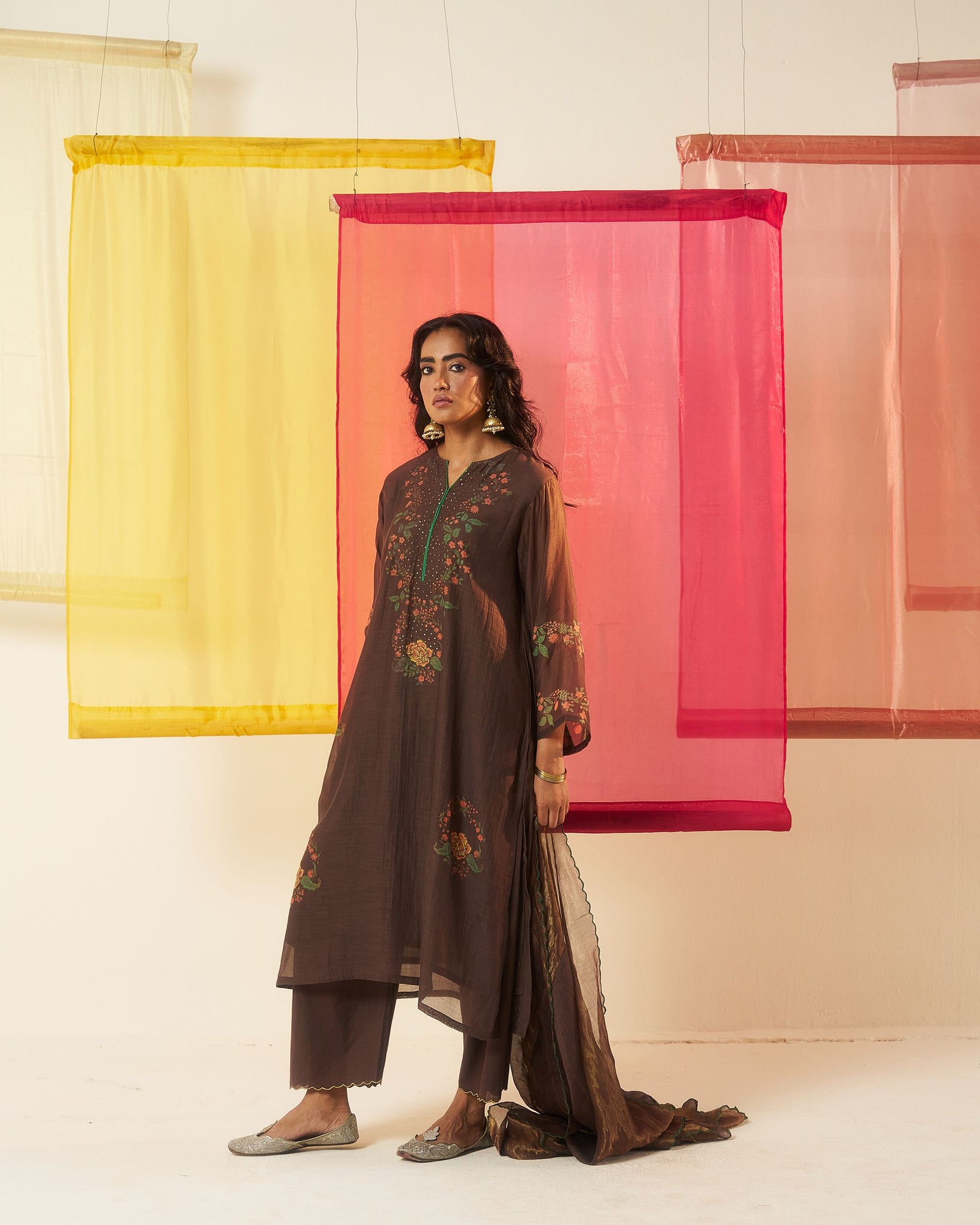 Sitara brown hand block printed sequin work chanderi kurta set.