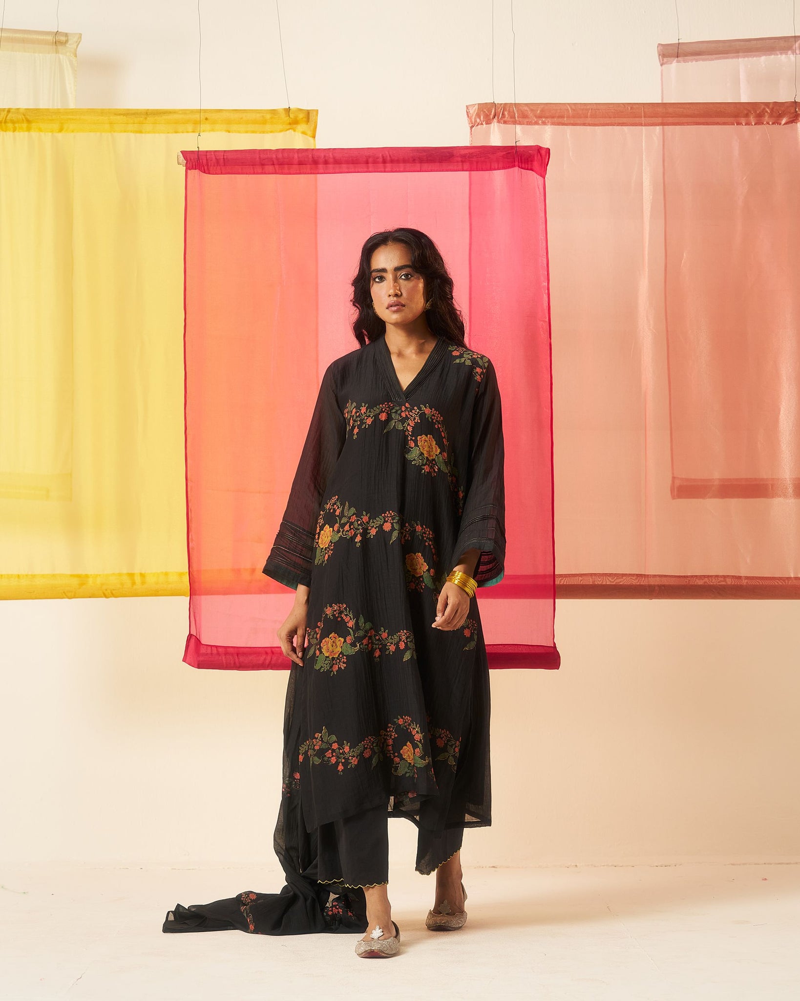Siyah black hand block printed chanderi pintuck kurta set.