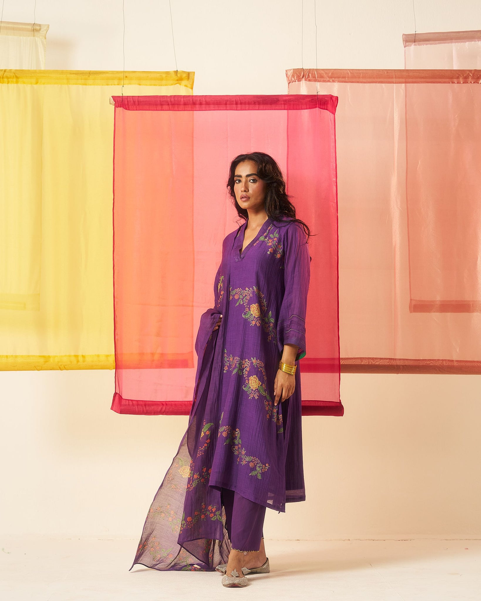 Siyah purple hand block printed chanderi pintuck kurta set.