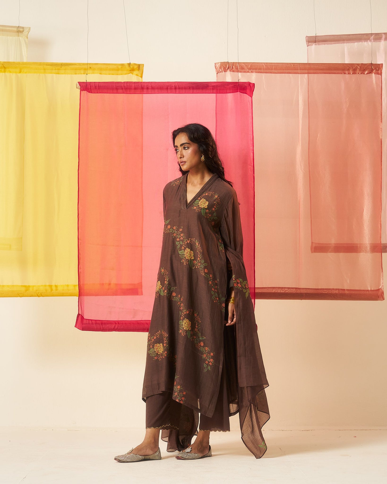 Siyah brown hand block printed chanderi pintuck kurta set.