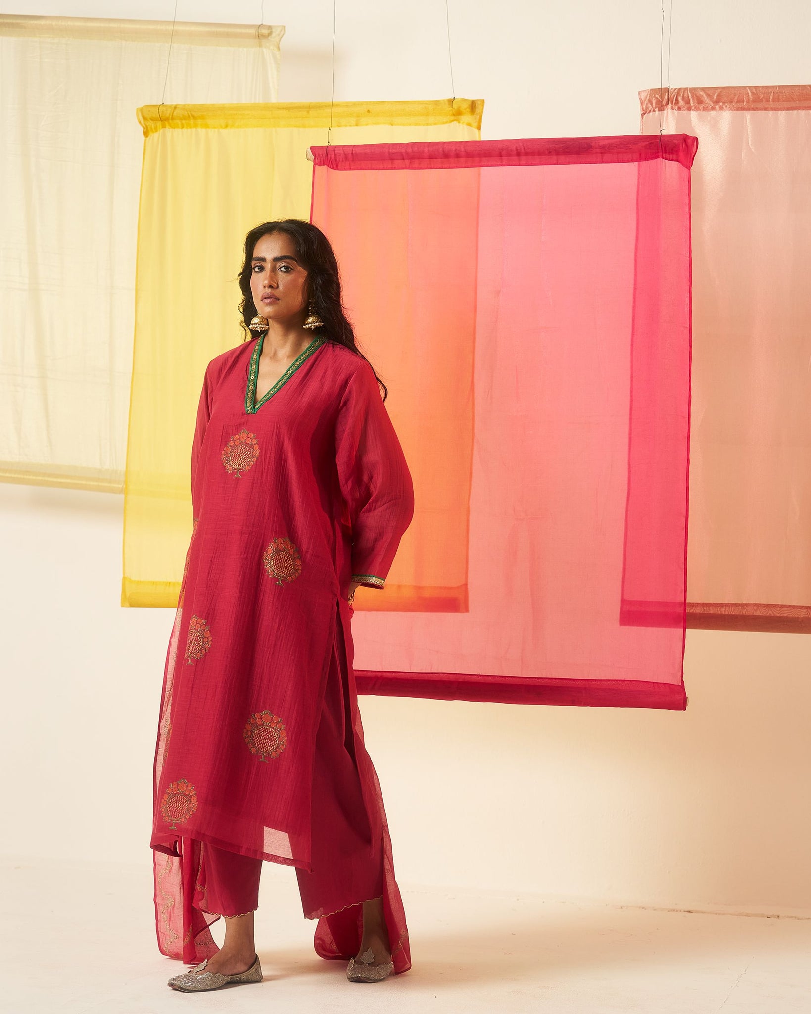 Mehraab print fuschia hand block printed chanderi dabka work kurta set.
