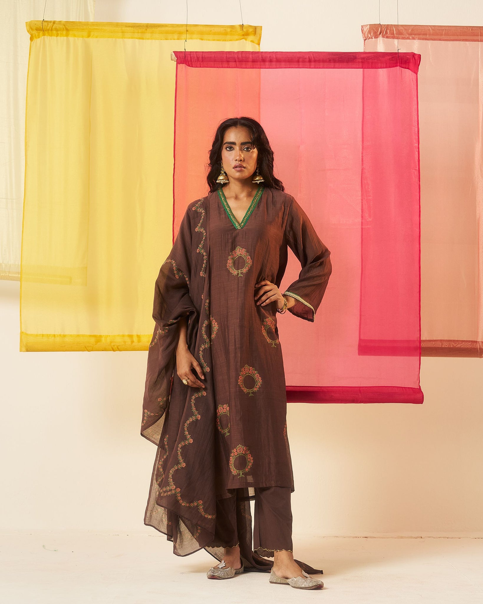 Mehraab print brown hand block printed chanderi dabka work kurta set.