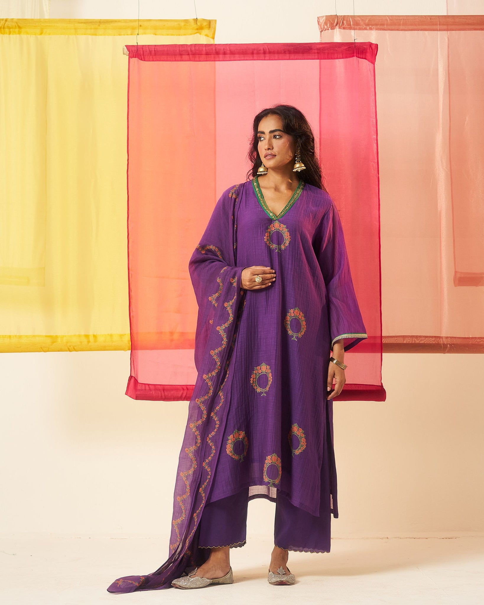Mehraab print purple hand block printed chanderi dabka work kurta set.