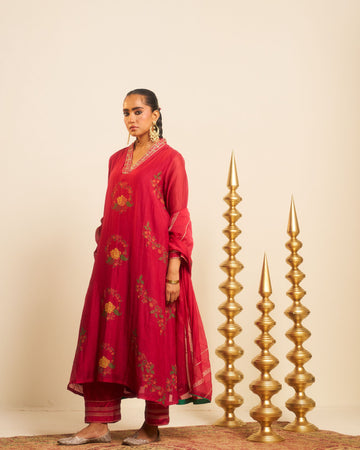 Tehran fuschia hand embroidered and block printed chanderi kalidar kurta set.