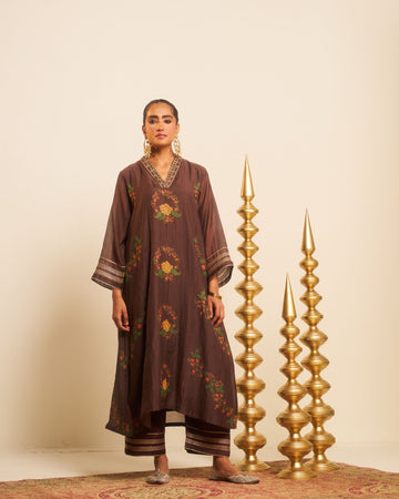 Tehran brown hand embroidered and block printed chanderi kalidar kurta set.