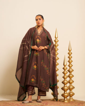 Tehran brown hand embroidered and block printed chanderi kalidar kurta set.