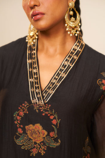 Tehran black hand embroidered and block printed chanderi kalidar kurta set.