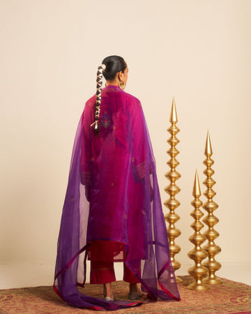 Punica fuschia applique hand embroidered chanderi kurta set.