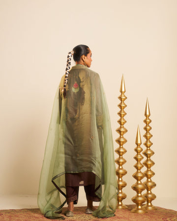 Punica brown applique hand embroidered chanderi kurta set.