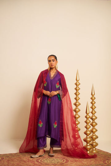 Punica purple applique hand embroidered chanderi kurta set.