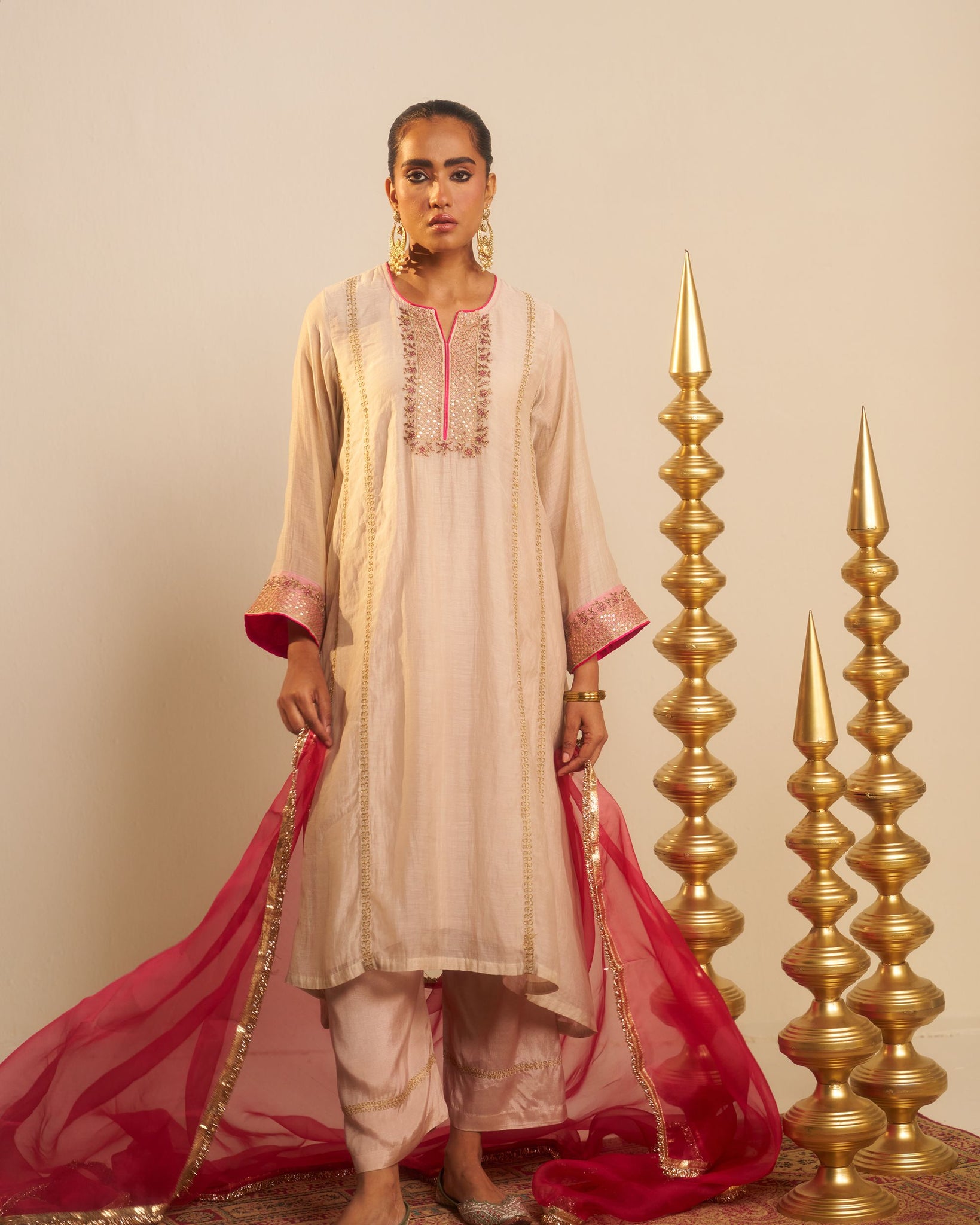 Ibaadat smoke grey hand embroidered chanderi kurta set.