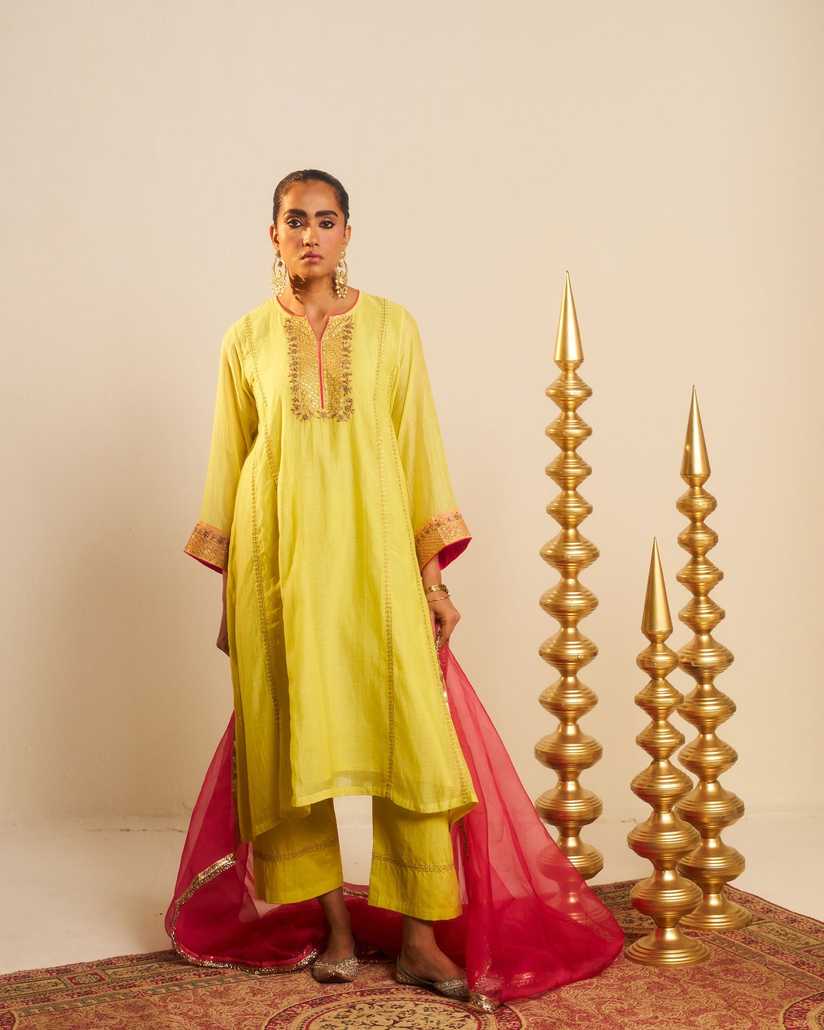 Ibaadat lemon yellow hand embroidered chanderi kurta set..
