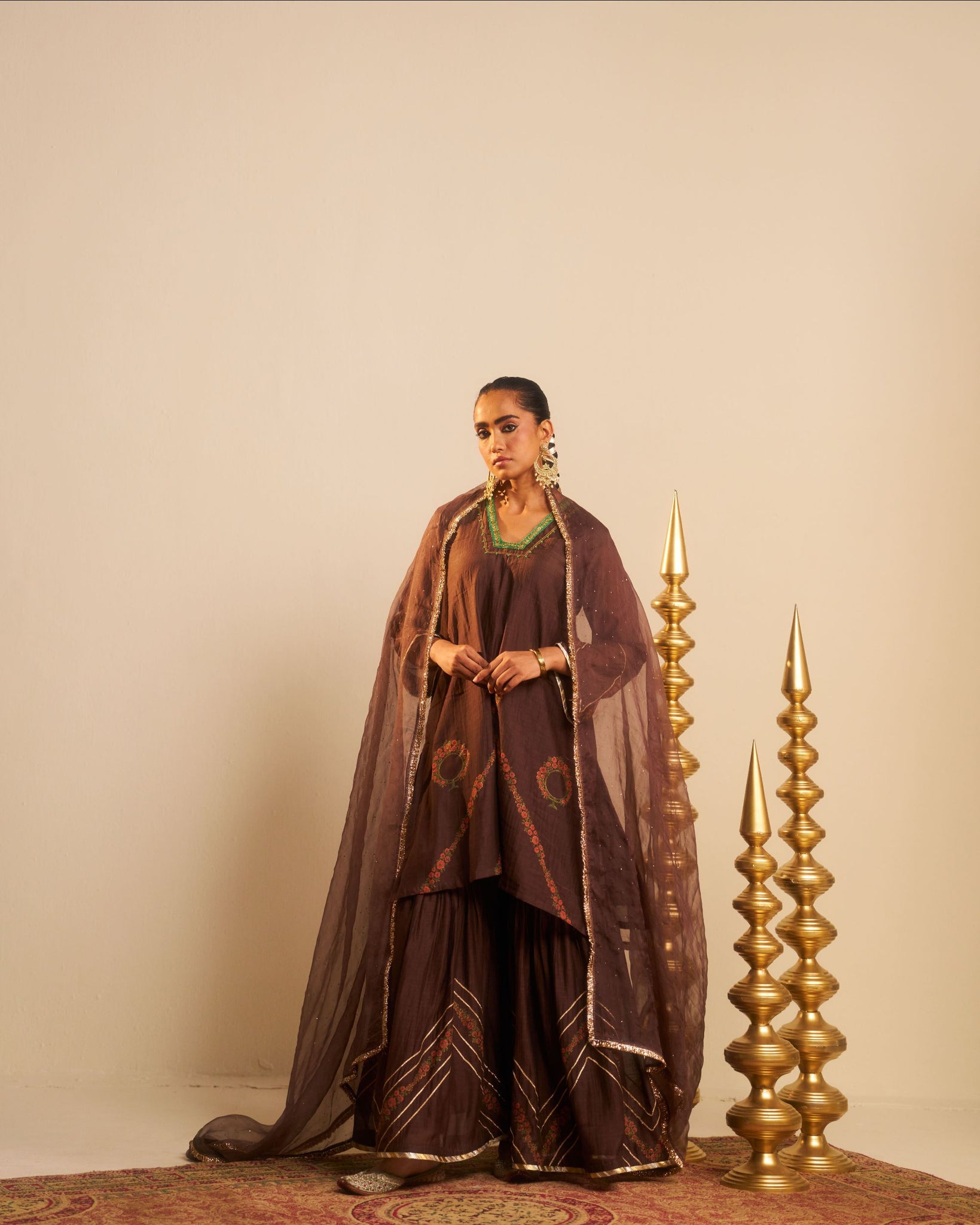 Mehrab brown hand block printed dabka zardosi chanderi sharara set.