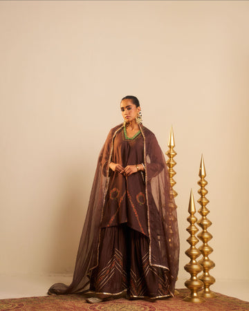 Mehrab brown hand block printed dabka zardosi chanderi sharara set.