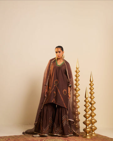 Mehrab brown hand block printed dabka zardosi chanderi sharara set.