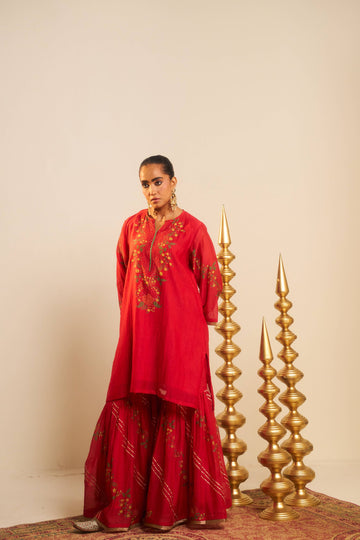 Siyaah red hand block printed dabka zardosi chanderi sharara set.