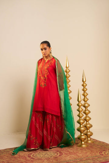 Siyaah red hand block printed dabka zardosi chanderi sharara set.