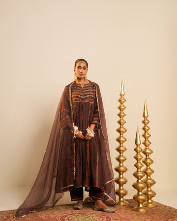 Mehrab brown hand block printed gota work chanderi anarkali kurta set.