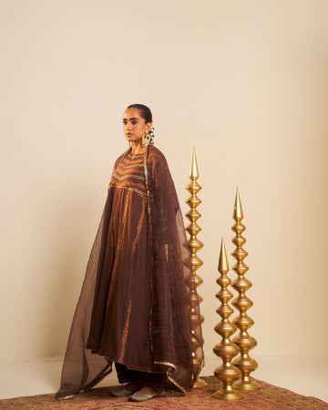 Mehrab brown hand block printed gota work chanderi anarkali kurta set.