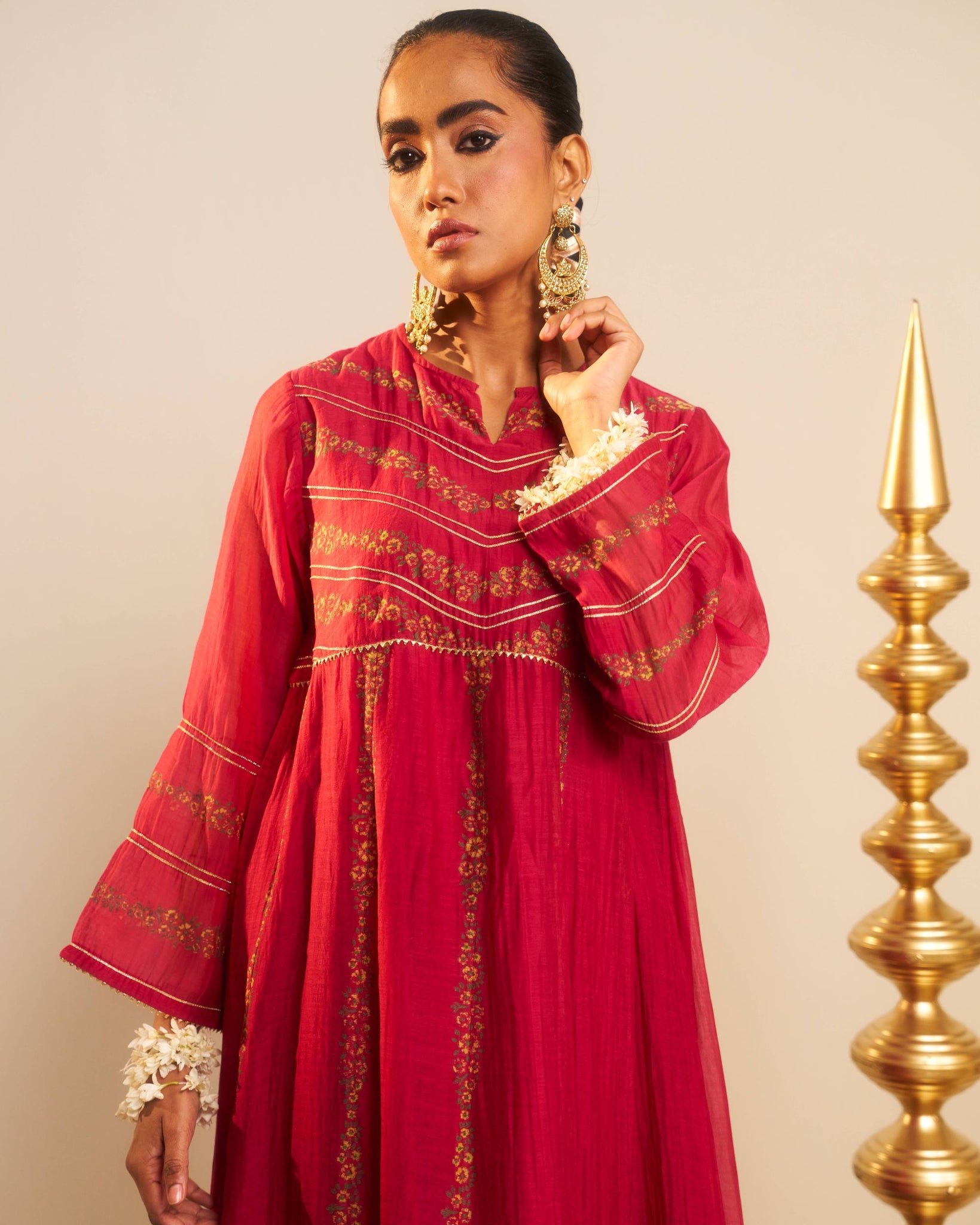 Mehrab fuschia hand block printed gota work chanderi anarkali kurta set.