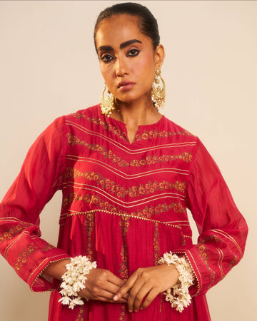 Mehrab fuschia hand block printed gota work chanderi anarkali kurta set.