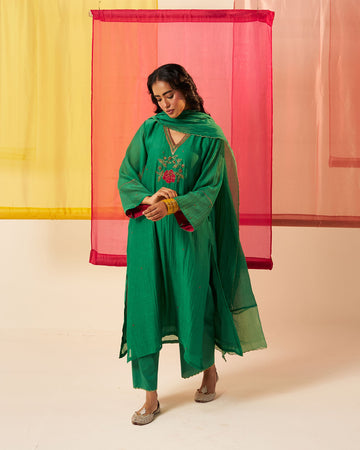 Anola emerald green applique hand embroidered chanderi kurta set.