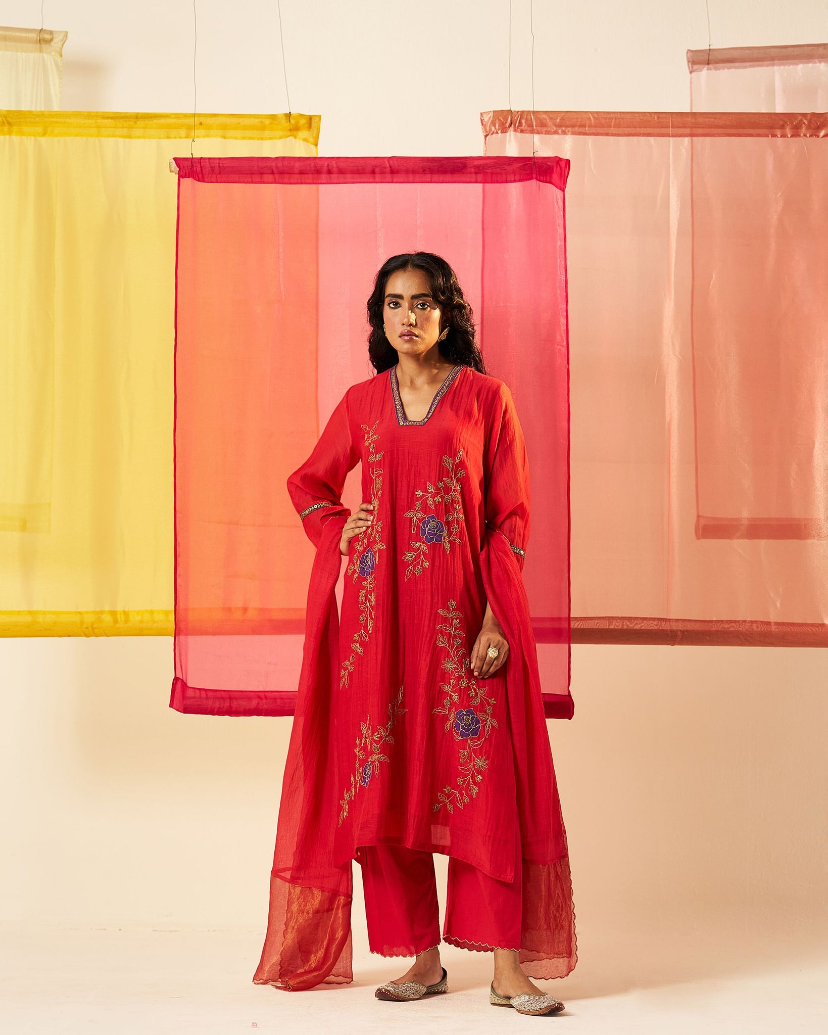 Anola store red applique dori and dabka embroidery chanderi kurta set.