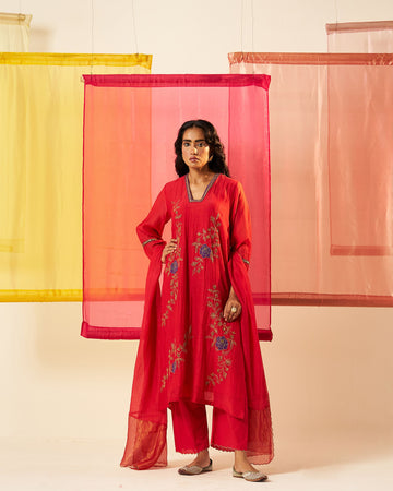 Anola store red applique dori and dabka embroidery chanderi kurta set.