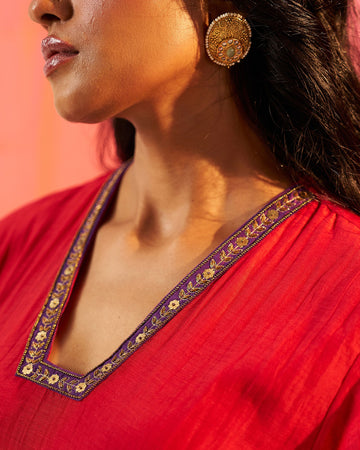 Anola store red applique dori and dabka embroidery chanderi kurta set.