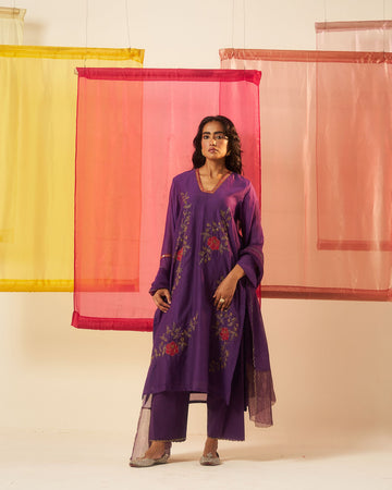 Anola store purple applique dori and dabka embroidery chanderi kurta set.