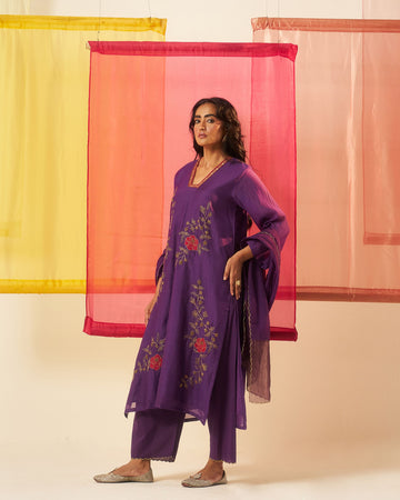 Anola store purple applique dori and dabka embroidery chanderi kurta set.