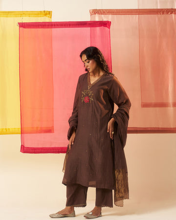 Anola brown applique hand embroidered chanderi kurta set.
