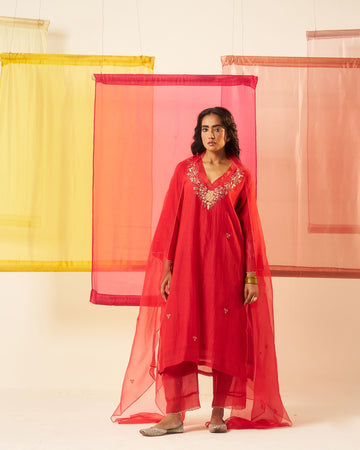 Phoolkari red dori hand embroidered chanderi kurta set