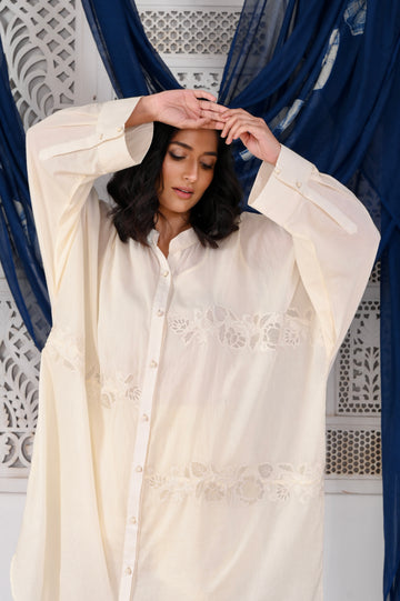 Zeenat ivory organza patchwork and thread embroidered mulmul long kaftan (Pant separate)