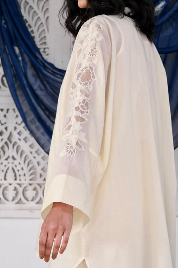 Zeenat ivory organza patchwork and shoulder thread embroidered mulmul kaftan (Pant separate)