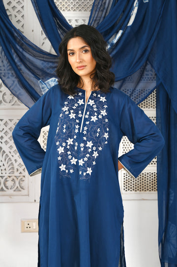 Neel indigo hand applique and dori work mulmul kurta (Pant separate)