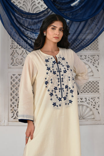 Neel ivory hand applique and dori work mulmul kurta (Pant separate)