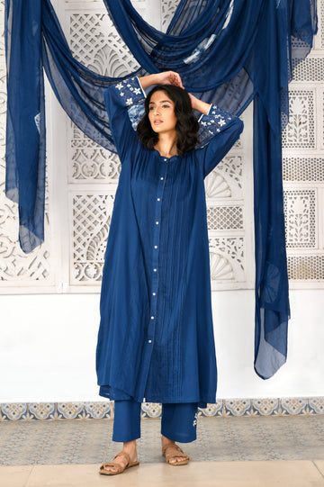 Neel indigo hand applique and pintuck mulmul kurta (Pant separate)