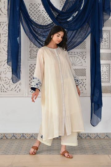 Neel ivory hand applique and pintuck mulmul kurta (Pant separate)