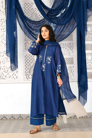 Mumtaz indigo applique hand embroidered chanderi kurta set