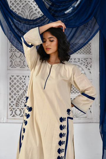 Jahan-neel ivory thread dori embroidered mulmul kurta set